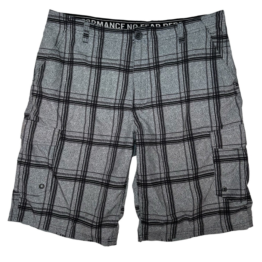 VTG No Fear Performance Cargo Shorts Plaid Gray Black Y2K Skater Grunge Baggy 36